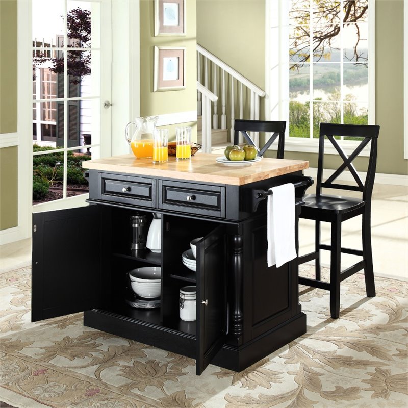 Pemberly Row Wood Butcher Block Top Kitchen Island with Stools in Black