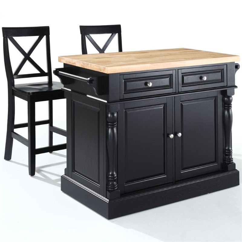 Pemberly Row Wood Butcher Block Top Kitchen Island with Stools in Black