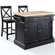 Pemberly Row Wood Butcher Block Top Kitchen Island with Stools in Black