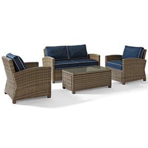 pemberly row 4 piece wicker patio sofa set in brown and navy