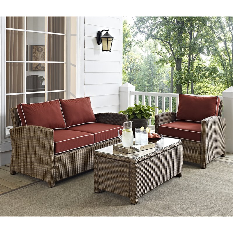 Pemberly Row 3 Piece Wicker Patio Sofa Set in Brown and Sangria