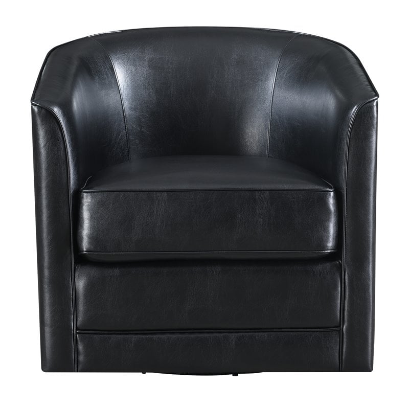 Pemberly Row Faux Leather Swivel Accent Chair with Barrel Back in Black ...