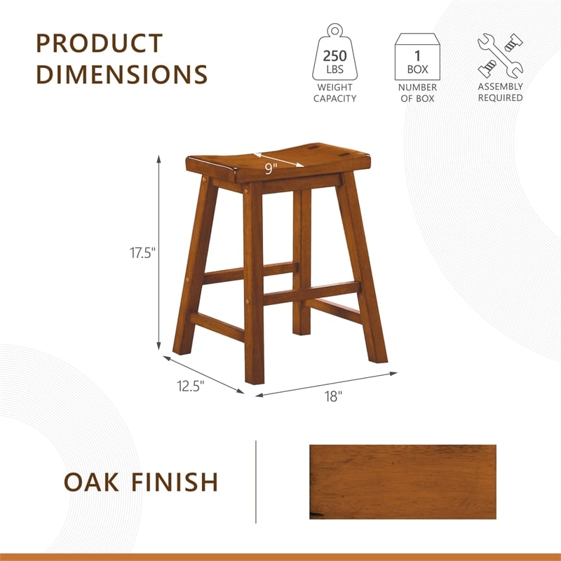 Pemberly Row Solid Wood Bar Stool Chair Set of 2 in Oak -Saddle Seat & Footrest