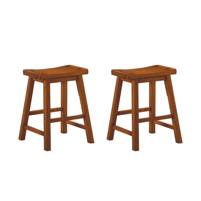 Pemberly Row Solid Wood Bar Stool Chair Set of 2 in Oak -Saddle Seat & Footrest