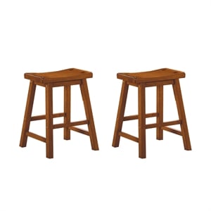 Pemberly Row Solid Wood Bar Stool Chair Set of 2 in Oak -Saddle Seat & Footrest