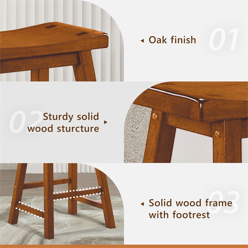 Pemberly Row Solid Wood Bar Stool Chair Set of 2 in Oak -Saddle Seat & Footrest