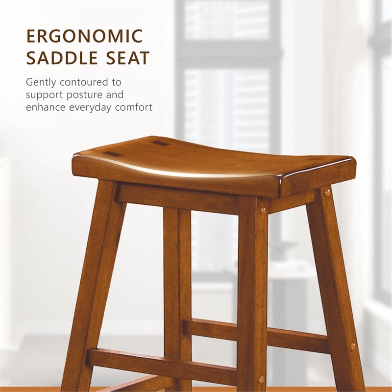 Pemberly Row Solid Wood Bar Stool Chair Set of 2 in Oak -Saddle Seat & Footrest