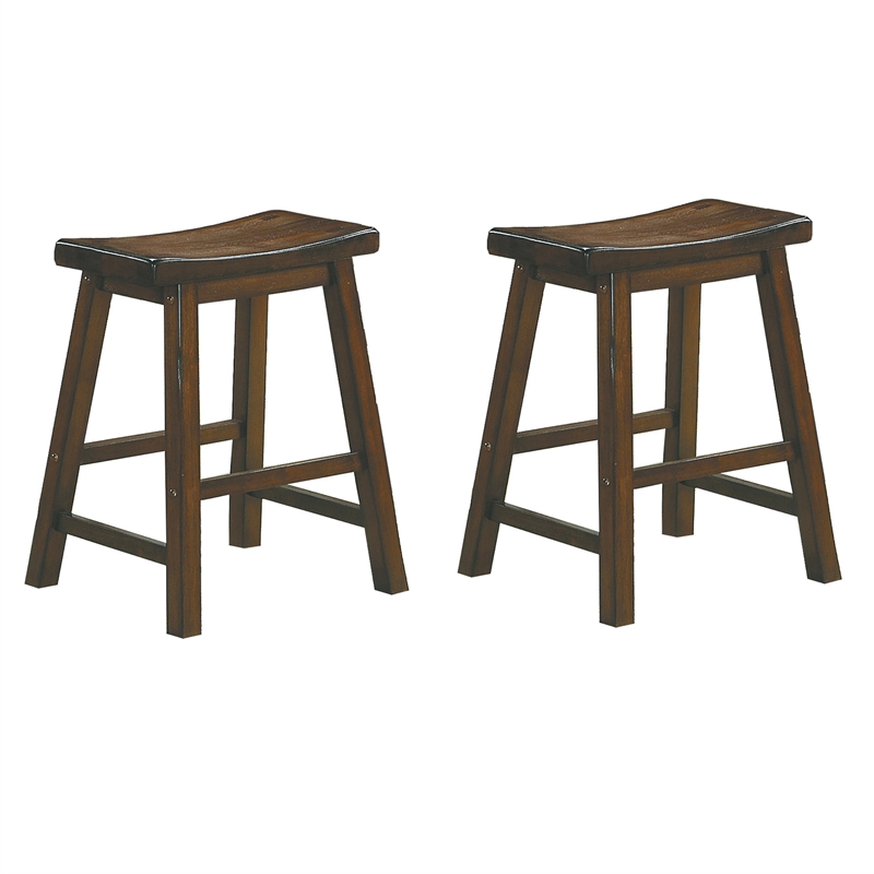 Pemberly Row Solid Wood Bar Stool Chair Set of 2 in Cherry - Saddle Seat