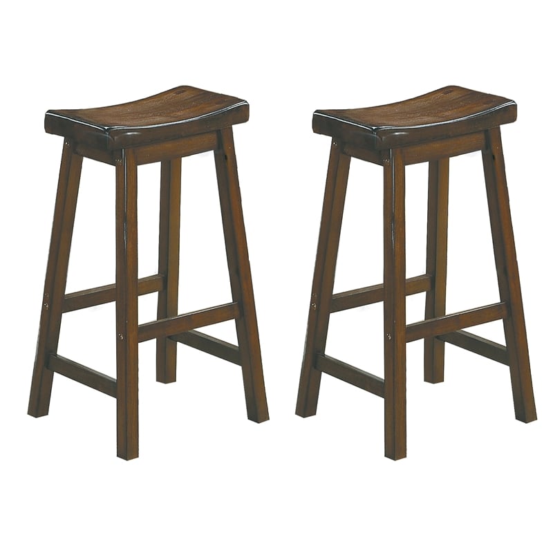 Pemberly Row Solid Wood Bar Stool Chair Set of 2 in Cherry - Saddle Seat