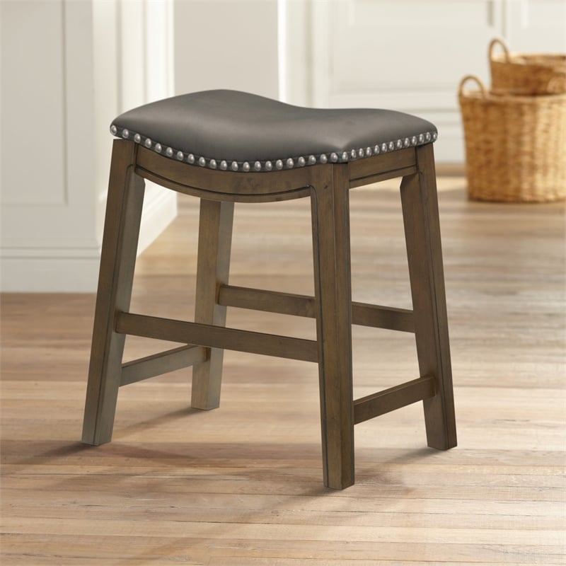 Pemberly Row Faux Leather Bar Stool Chair in Gray With Saddle Seat & Footrest