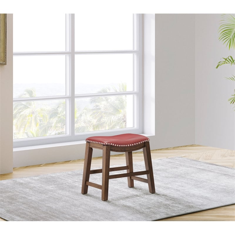 Pemberly Row Faux Leather Bar Stool Chair in Red With Saddle Seat & Footrest