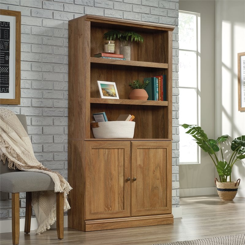 Pemberly Row Storage 3-Shelf 2-Door Tall Wood Bookcase in Sindoori Mango Beige