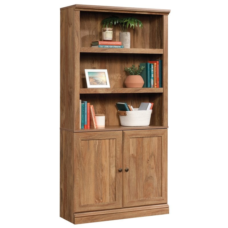 Pemberly Row Storage 3-Shelf 2-Door Tall Wood Bookcase in Sindoori Mango Beige