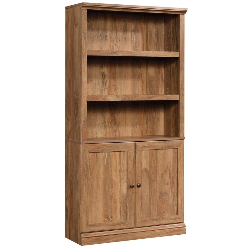Pemberly Row Storage 3-Shelf 2-Door Tall Wood Bookcase in Sindoori Mango Beige