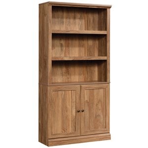 pemberly row storage 3-shelf 2-door tall wood bookcase in sindoori mango beige