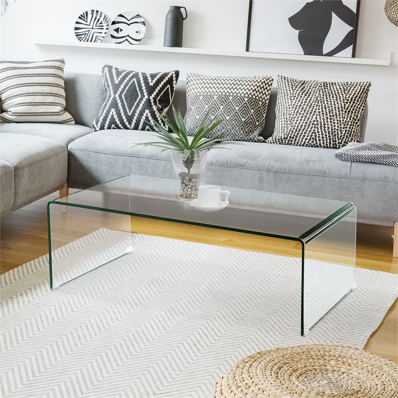 Pemberly Row Glass Coffee Table with Rounded Corners in Clear