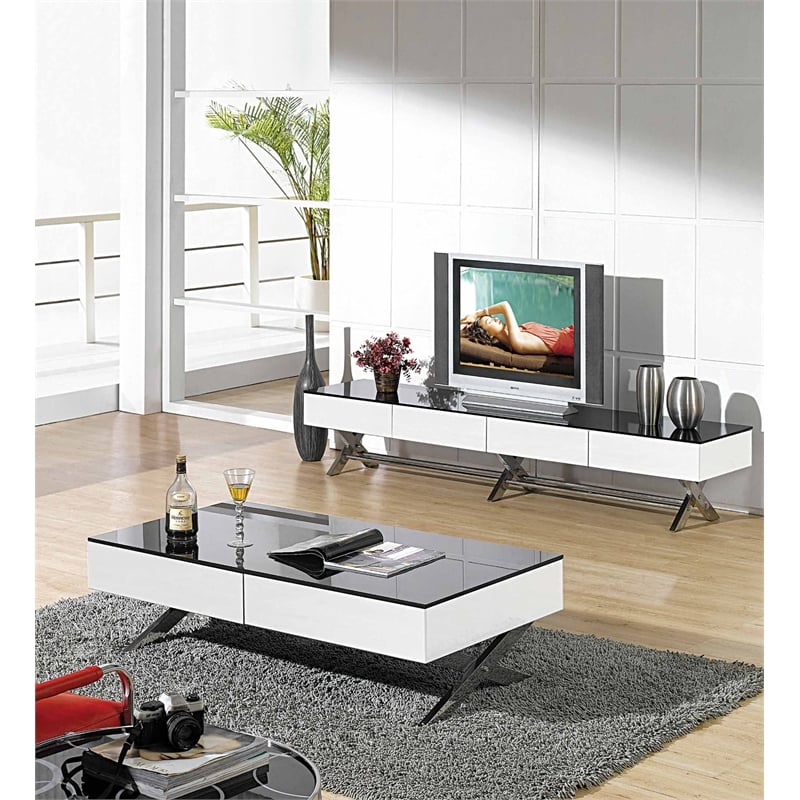 Pemberly Row Wood TV Stand with X Leg in White and Black