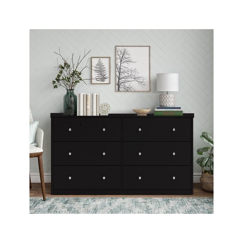Pemberly Row Contemporary 6 Drawer Double Dresser in Black