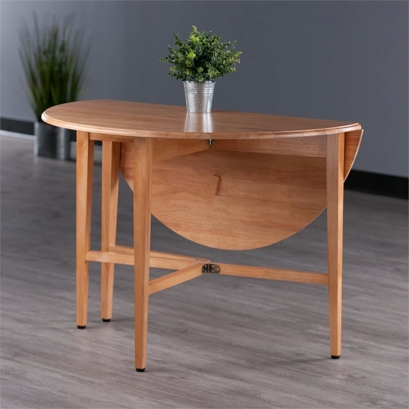 Pemberly Row Round Drop Leaf Contemporary Solid Wood Dining Table in Light Oak