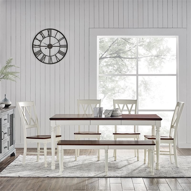 Pemberly Row 6-Piece Wood Butterfly Leaf Dining Set in Rubbed White/Rich Cherry