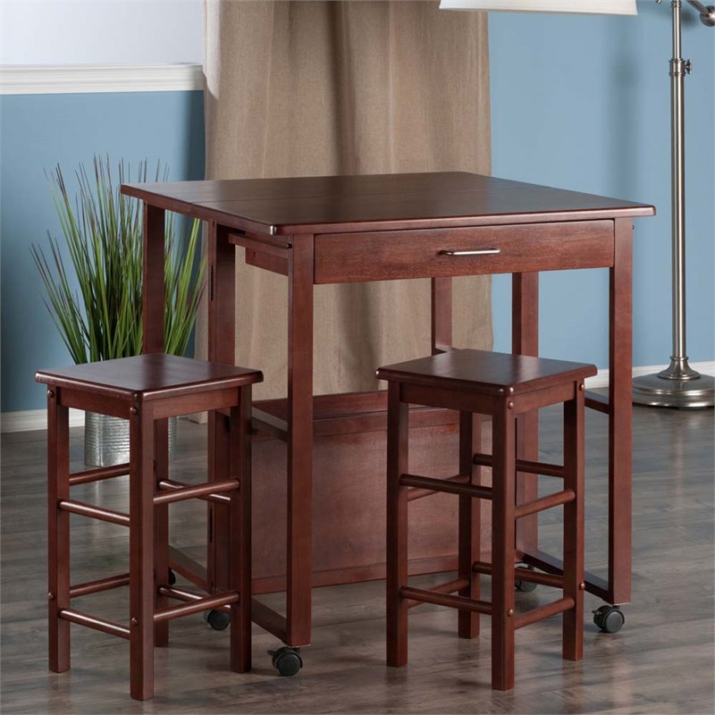 Pemberly Row 3-Piece Transitional Solid Wood Drop Leaf Dining Set in Walnut