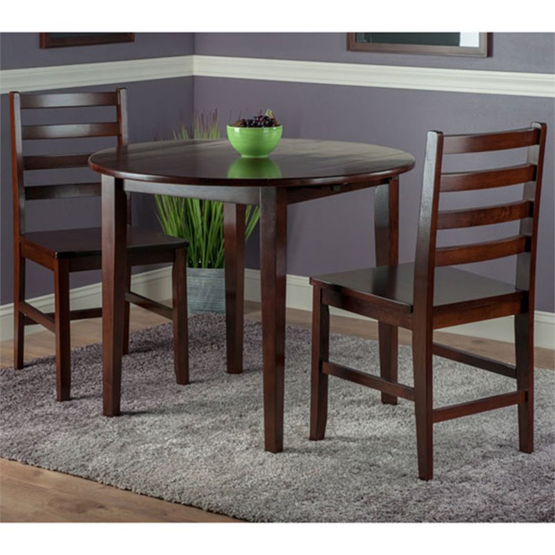 Pemberly Row 3-Piece Drop Leaf Solid Wood Dining Set w/ Round Tabletop in Walnut