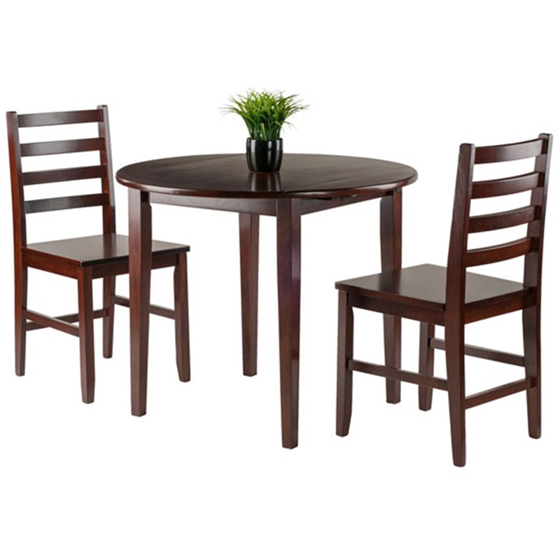 Pemberly Row 3-Piece Drop Leaf Solid Wood Dining Set w/ Round Tabletop in Walnut