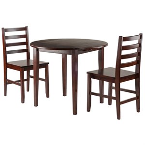 Pemberly Row 3-Piece Drop Leaf Solid Wood Dining Set w/ Round Tabletop in Walnut