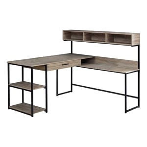 Pemberly Row Mid-Century Wood/Metal L-Shaped Computer Desk in Taupe Gray /Black