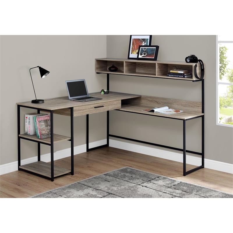 Pemberly Row Mid-Century Wood/Metal L-Shaped Computer Desk in Taupe Gray /Black