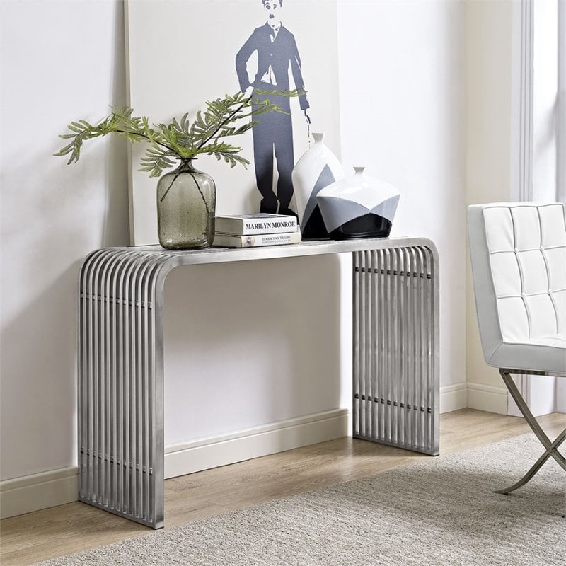 Pemberly Row Pipe Metal Console Table in Silver