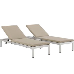 pemberly row  3 piece aluminum patio chaise lounge set in beige