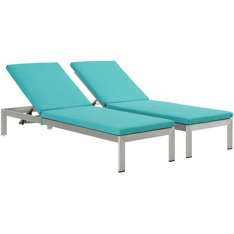 Pemberly Row Modern Fabric Patio Chaise Lounge in Turquoise (Set of 2)