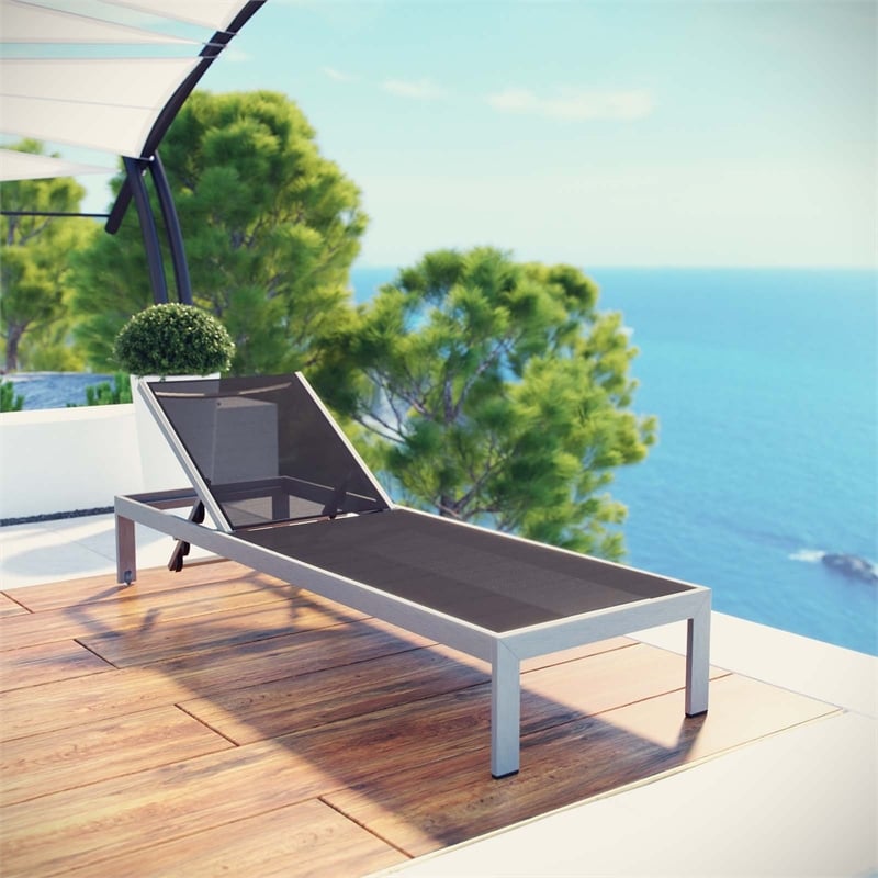 Pemberly Row Modern Aluminum Outdoor Chaise Lounge in Black/Silver
