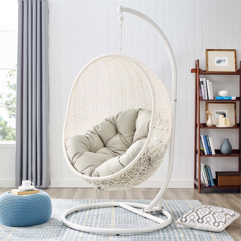 Pemberly Row Modern Metal Outdoor Swing Chair with Stand in White/Beige