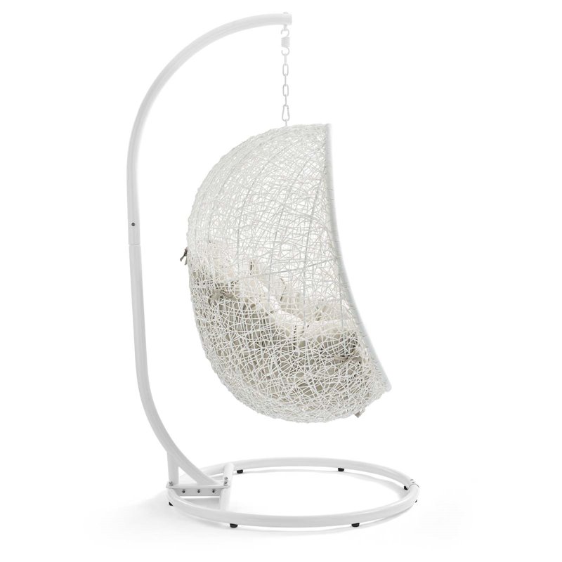 Pemberly Row Modern Metal Outdoor Swing Chair with Stand in White/Beige