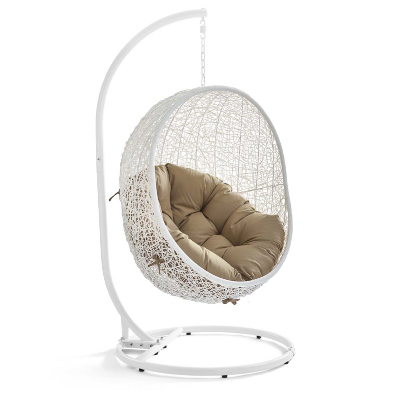 Pemberly Row Modern Metal Outdoor Swing Chair with Stand in White/Mocha