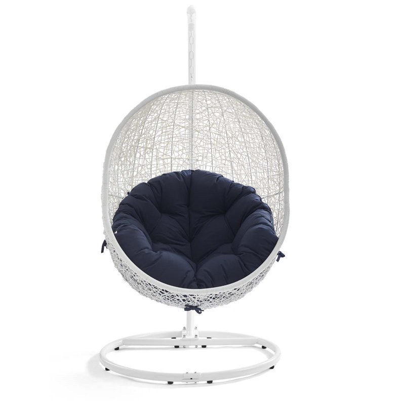 Pemberly Row Modern Metal Outdoor Swing Chair with Stand in White/Navy