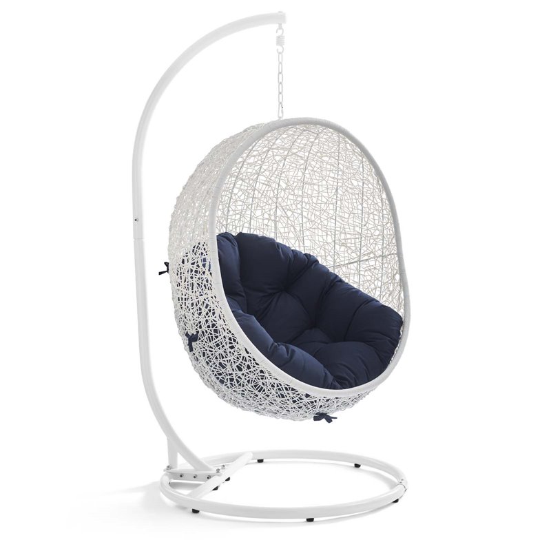 Pemberly Row Modern Metal Outdoor Swing Chair with Stand in White/Navy