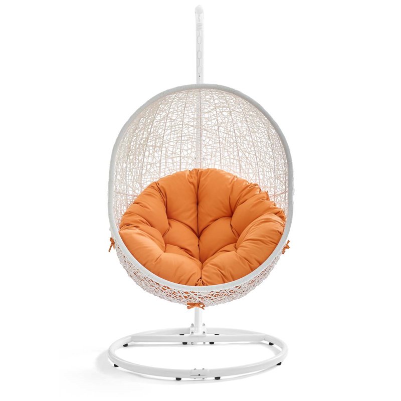 Pemberly Row Modern Metal Outdoor Swing Chair with Stand in White/Orange