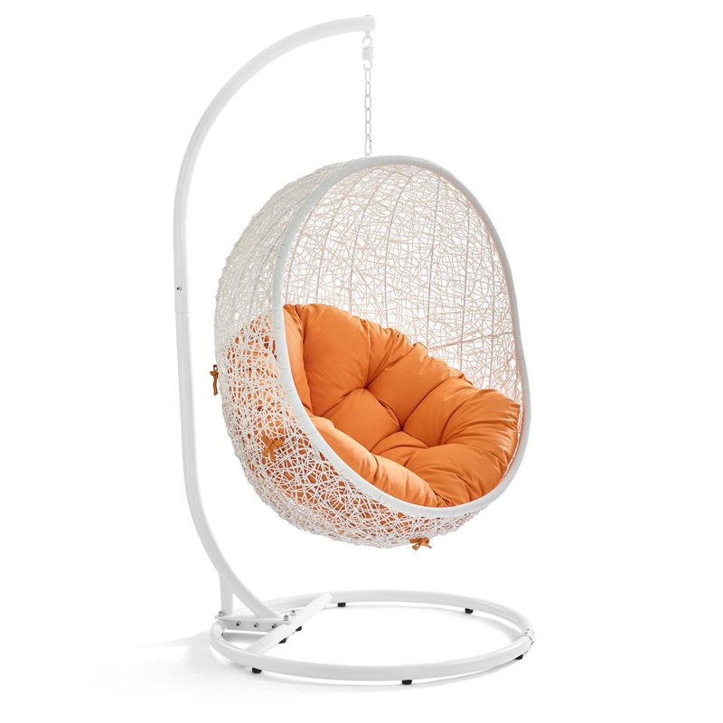 Pemberly Row Modern Metal Outdoor Swing Chair with Stand in White/Orange