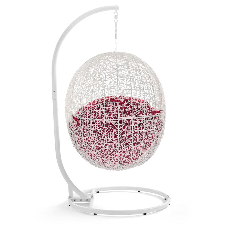 Pemberly Row Modern Metal Outdoor Swing Chair with Stand in White/Red