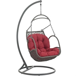 Pemberly Row Modern Metal Outdoor Swing Chair with Rattan in Gray/Red