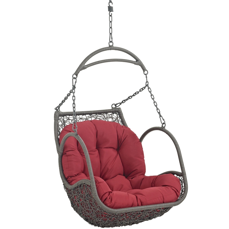 Pemberly Row Modern Metal Outdoor Swing Chair with Rattan in Gray/Red
