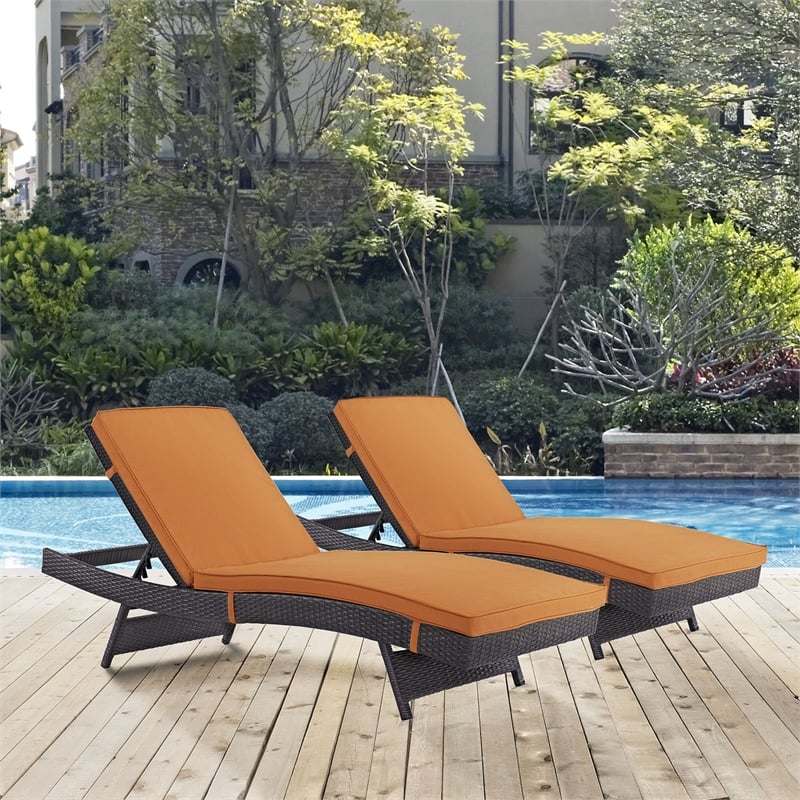 Pemberly Row Modern Rattan/Aluminum Patio Chaise in Orange (Set of 2)