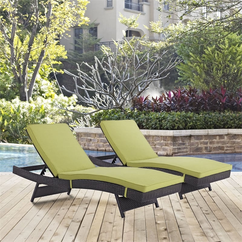 Pemberly Row Modern Rattan/Aluminum Patio Chaise in Green (Set of 2)