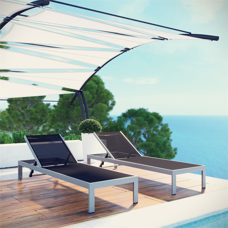 Pemberly Row Modern Aluminum Patio Chaise in Black/Silver (Set of 2)