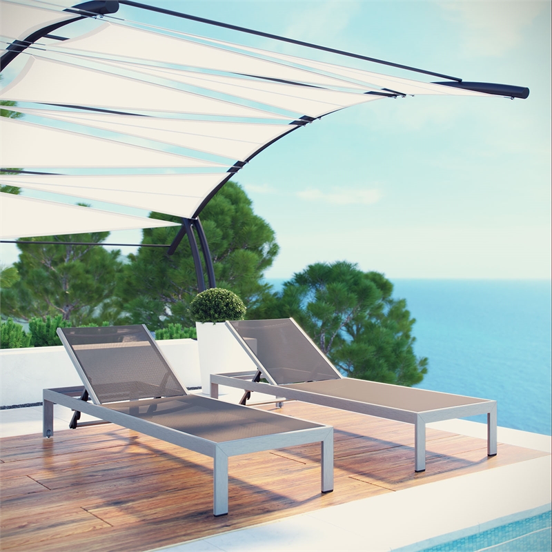Pemberly Row Modern Aluminum Patio Chaise Lounge Set in Silver/Gray (Set of 2)