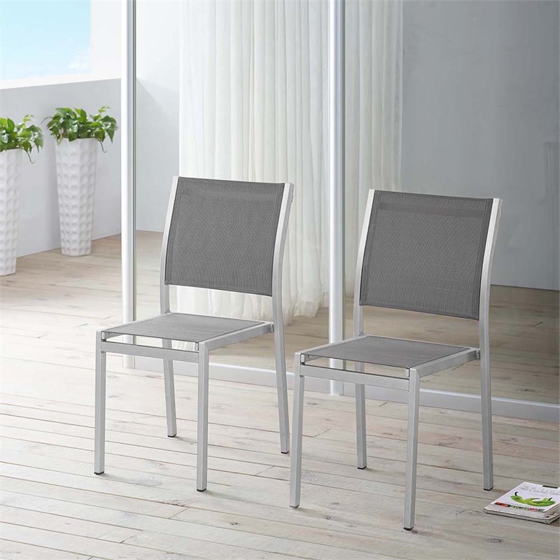 Pemberly Row Modern Aluminum Patio Dining Side Chair in Silver (Set of 2)