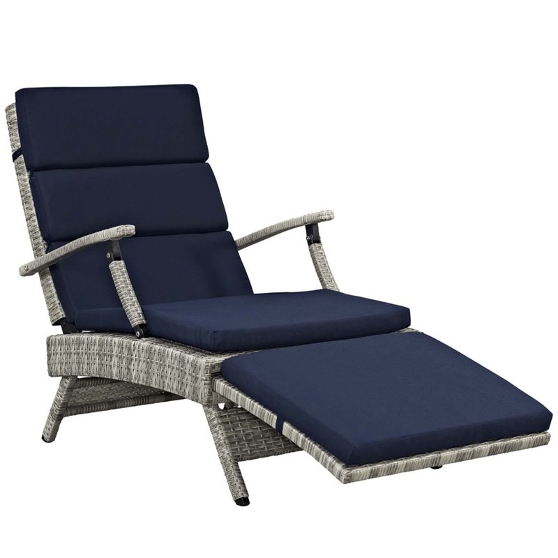 Pemberly Row Modern Wicker / Rattan Patio Lounge Chair in Navy